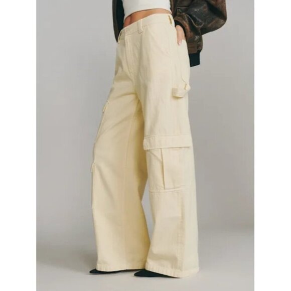 Reformation 100% Organic Cotton Button Cream Landy Wide Leg Cargo Jeans Size 26 - Picture 1 of 14